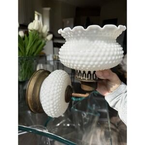 Vintage Hobnail Milk Glass Wall Sconce Ruffled Shade Brass Bathroom Light
